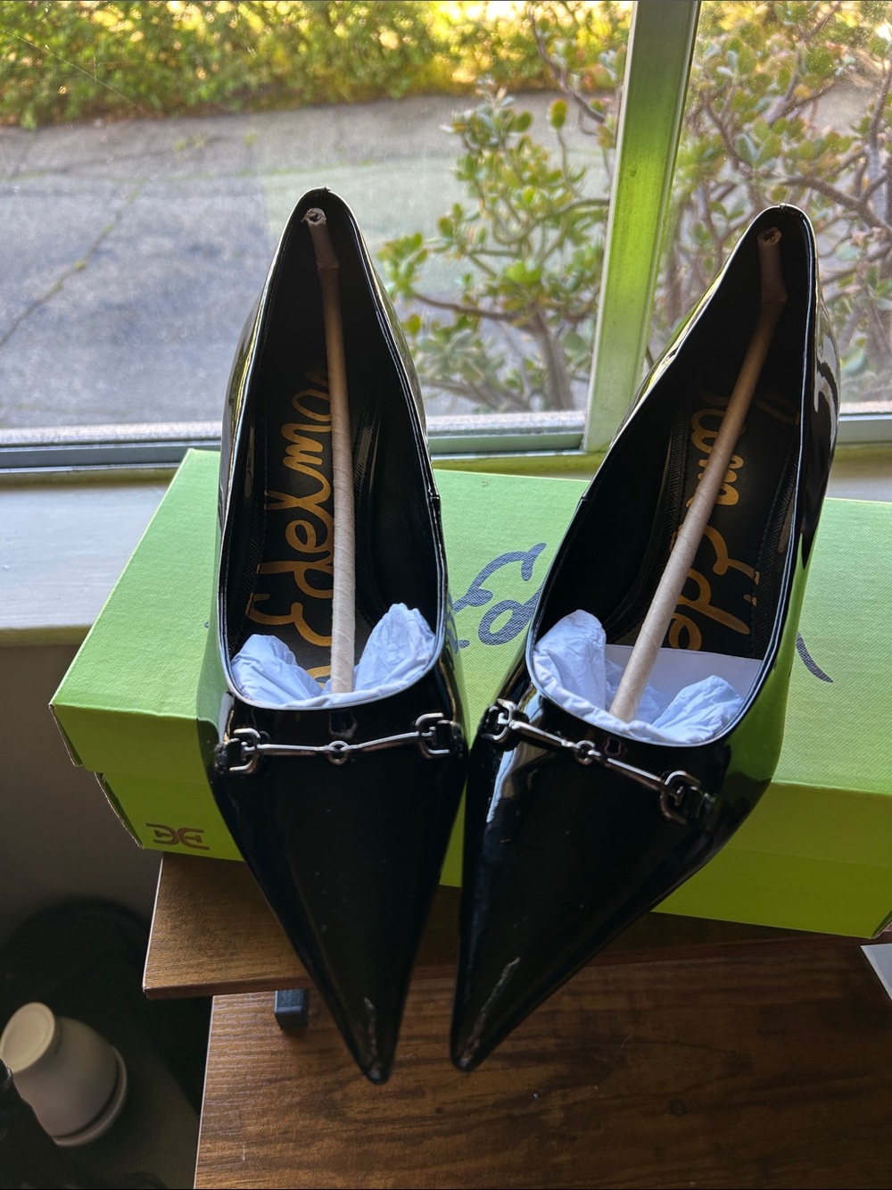 Sam Edelman Black Patent Pointed Toe Heels with Horsebit Accent